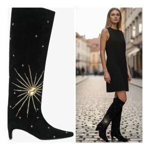 NWT STAUD Wally Suede Crystal embellished Tall Boots in Black Celestial Size 8